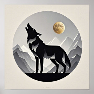 Poster Silhouette de loup lisse noir gris minimaliste