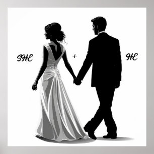 Poster Silhouette de mariage d'une mariée et d'un marié