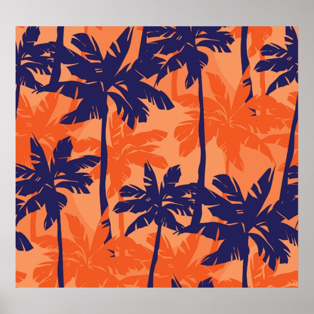 Poster Silhouette de palmier bleu, arrière - plan orange (Devant)