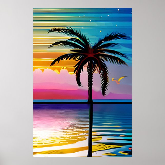 Poster Silhouette de palmier, mouette et coucher de solei (Devant)