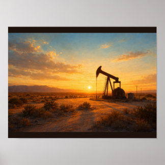 Poster Silhouette de pompe à pétrole au coucher du soleil
