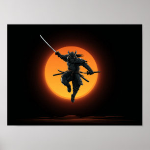 Poster Silhouette de saut de samouraï dynamique