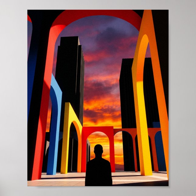 Poster "Silhouette de ville au coucher du soleil avec arc (Devant)