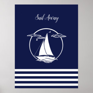 Poster Silhouette de voilier blanc nautique/départ à la v