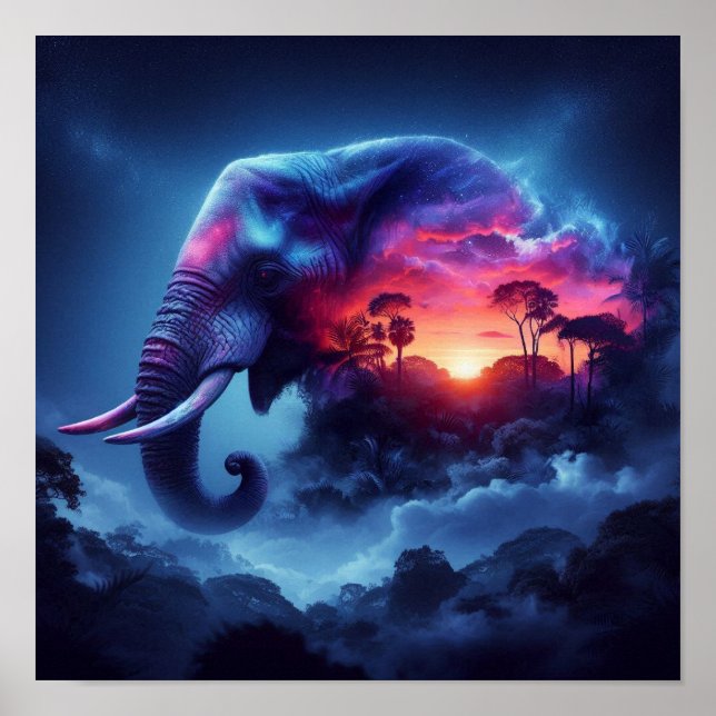 Poster Silhouette d'éléphant fusionnée avec coucher de so (Devant)