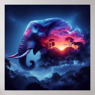 Poster Silhouette d'éléphant fusionnée avec un coucher de
