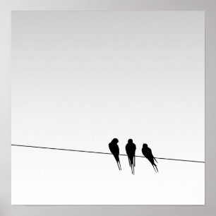 Poster Silhouette des oiseaux noirs sur fil sur ciel rayé