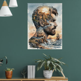 Poster Silhouette d'homme à l'aquarelle avec double expos