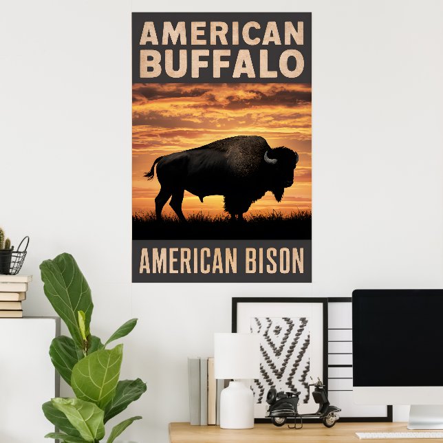 Poster Silhouette du coucher de soleil de bison américain (Bureau à domicile)