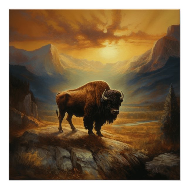 Poster Silhouette du coucher de soleil de bison de buffle (Devant)
