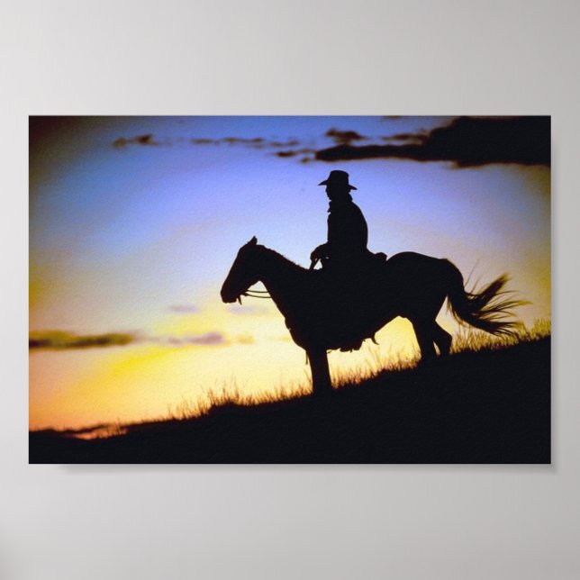 Poster Silhouette du coucher de soleil de cowboy occident (Devant)