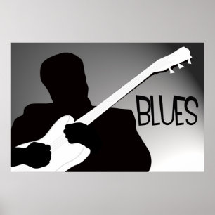 Poster Silhouette du joueur de blues avec un projecteur
