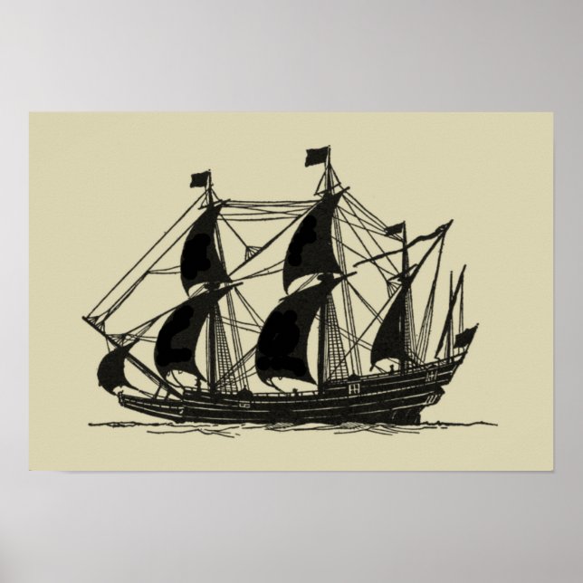 Poster Silhouette du navire avec voiles de billage (Devant)