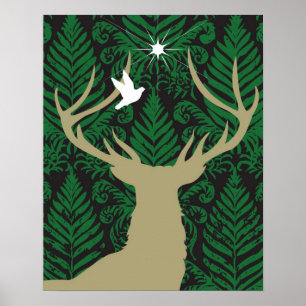Poster Silhouette d'un cerf, d'une colombe et d'une étoil