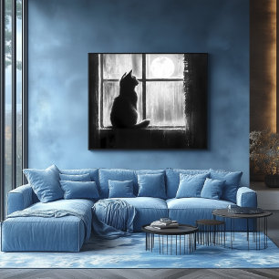 Poster Silhouette d'un chat par la fenêtre en clair de lu