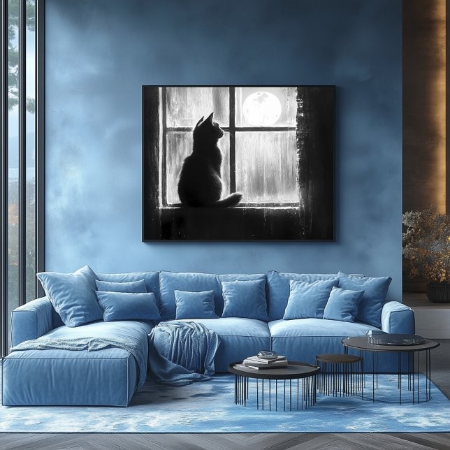Poster Silhouette d'un chat par la fenêtre en clair de lu (Créateur téléchargé)