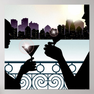 Poster Silhouette d'un couple grillant des verres de