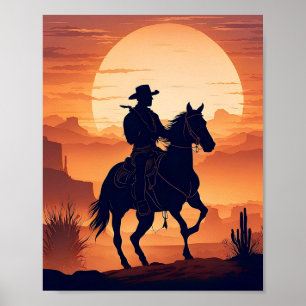Poster Silhouette d'un cowboy à cheval dans le désert
