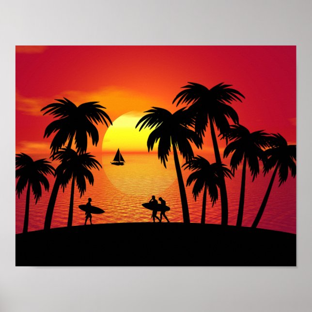 Poster Silhouette d'une île tropicale au coucher du solei (Devant)