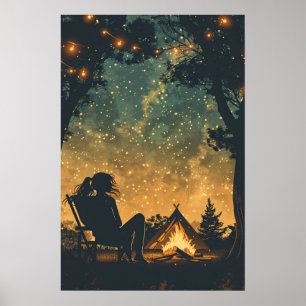 Poster Silhouette Girl Night Camping Aventure