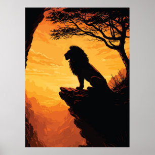 Poster Silhouette majestueuse de lion sur une falaise arb