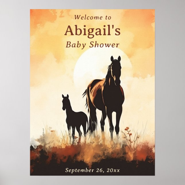 Poster Silhouette Mare et Foie Sunset Horse Baby shower (Devant)