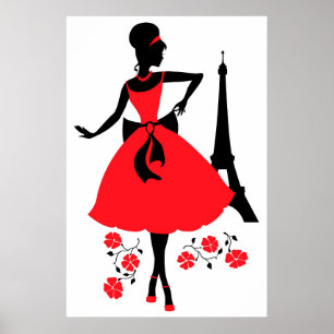 Poster Silhouette noire rouge femme rétro avec Tour Eiffe