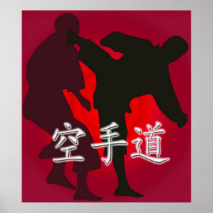 Poster Silhouette of Karate Fighters on a Red Background