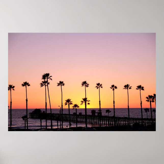 Poster Silhouette of palm trees and dock during sunset (Devant)