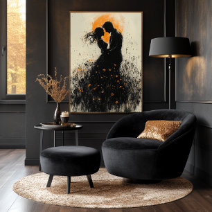 Poster Silhouette Romantique avec Lueur Dorée et Fleurs S