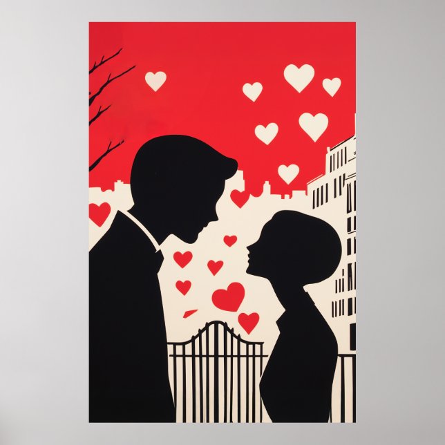 Poster Silhouette romantique Couple Coeurs Cityscape (Devant)