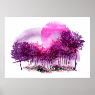 Poster silhouette rose et violette des arbres contre le d