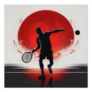 Poster Silhouette Tennis Gras Contre Soleil Rouge