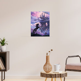 Poster Silhouette Unicorne et Château dans les nuages ros