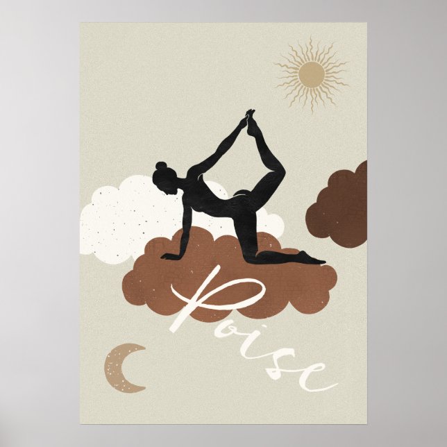 Poster Silhouette yoga stretch nuages soleil lune pois (Devant)
