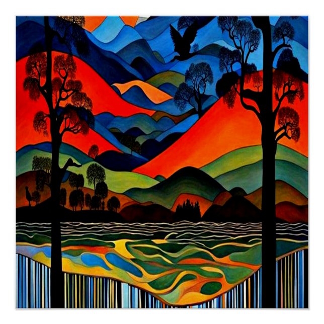 Poster Silhouetted bird over landscape (Devant)