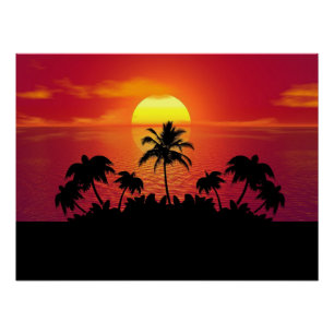 Poster Silhouettes de palmiers couchés de soleil