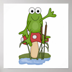 Poster silly frog sitting on mushroom