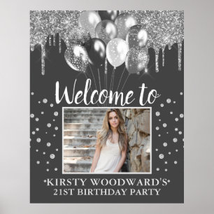 Poster Silver Dripping Glitter with Balloons Birthday