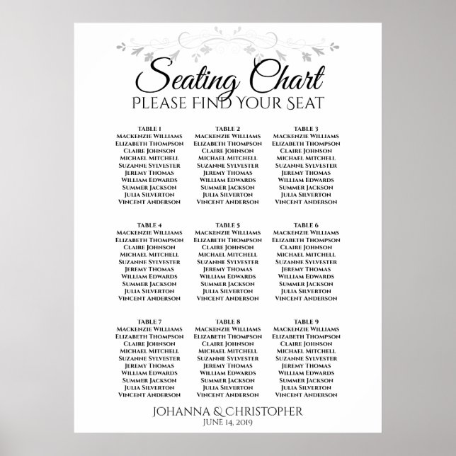 Poster Silver Filigree 9 Table Wedding Seating Chart (Devant)
