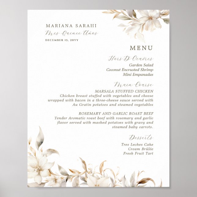 Poster Silver Gold Blanc Floral Quinceanera Menu Annivers (Devant)