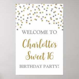 Poster Silver Gold Sweet 16 Anniversaire Personnalisé 12x
