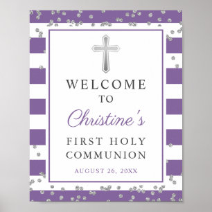 Poster Silver Lavender Purple First Communion Welcome
