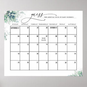 Poster Silver Leaves Succulents Guess Due Date Calendar