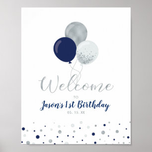 Poster Silver & Navy Balloons Boy 1st Birthday Welcome