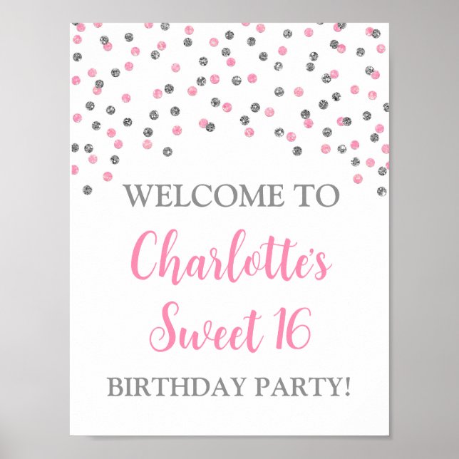 Poster Silver Rose Sweet 16 Anniversaire Personnalisé 8,5 (Devant)