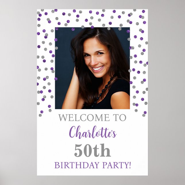 Poster Silver violet fête d'anniversaire Personnalisé 20x (Devant)
