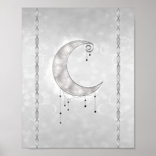 Poster Silvery White Crescent Moon Stars