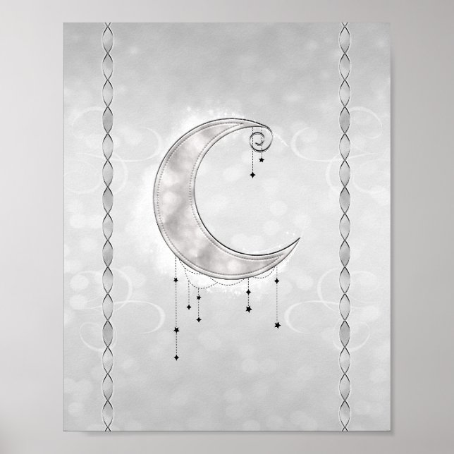 Poster Silvery White Crescent Moon Stars (Devant)