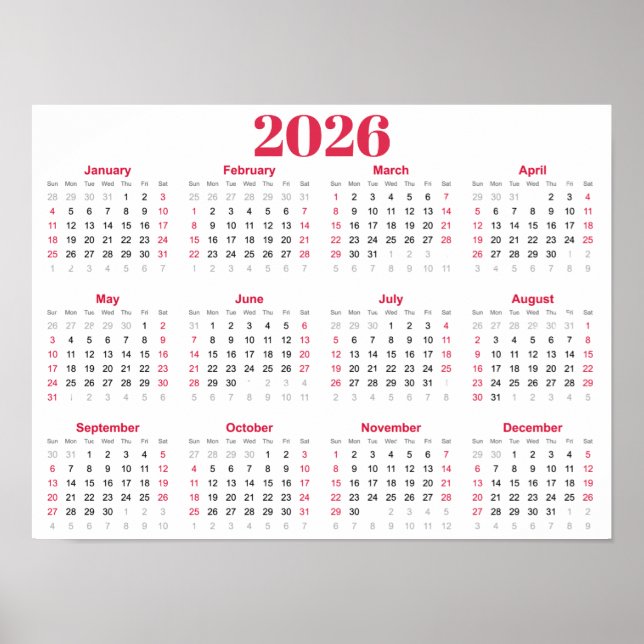 Poster Simple calendrier 2026 rouge et blanc (Devant)